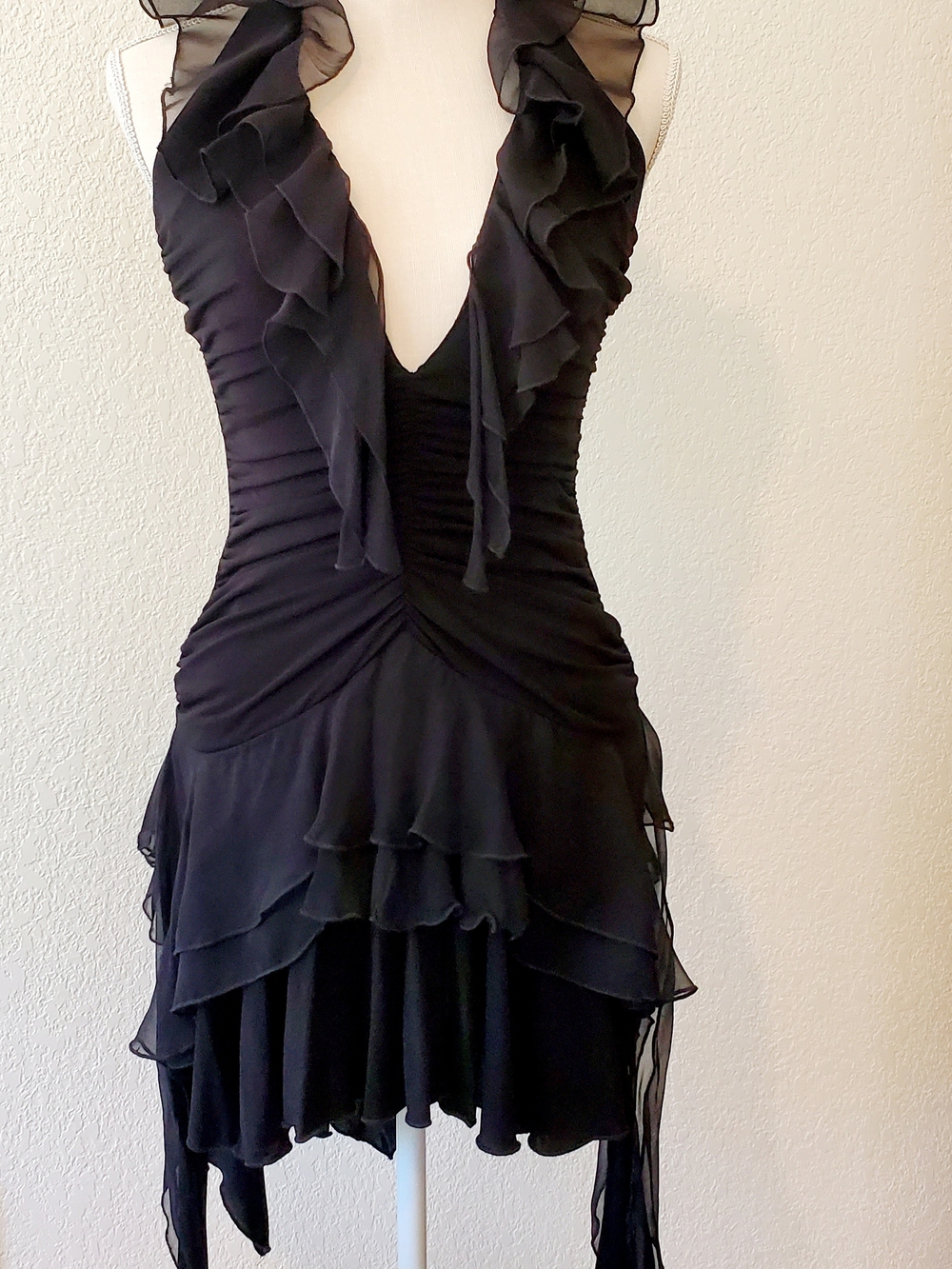bebe Black Asymmetrical Ruffle V‑Neck Dress